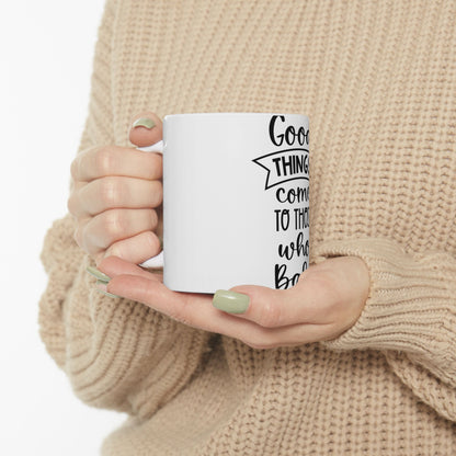 White mug with "Good things come to those who wait" text.