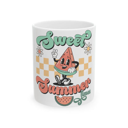 Mug with cartoon watermelon and "Sweet Summer times" text.