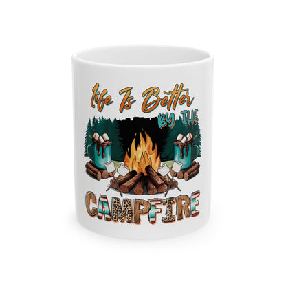 White mug with campfire graphic and "Life Is Better By The Campfire" text.