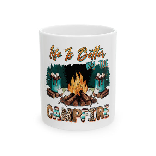 White mug with campfire graphic and "Life Is Better By The Campfire" text.