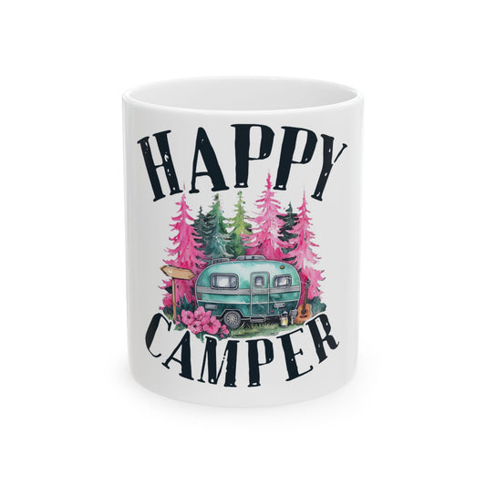 Mug with "Happy Camper" text and a vintage camper surrounded by trees.