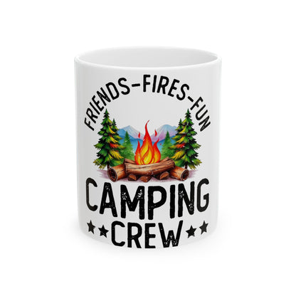 Mug with "FRIENDS-FIRES-FUN CAMPING CREW" text, campfire, and trees.