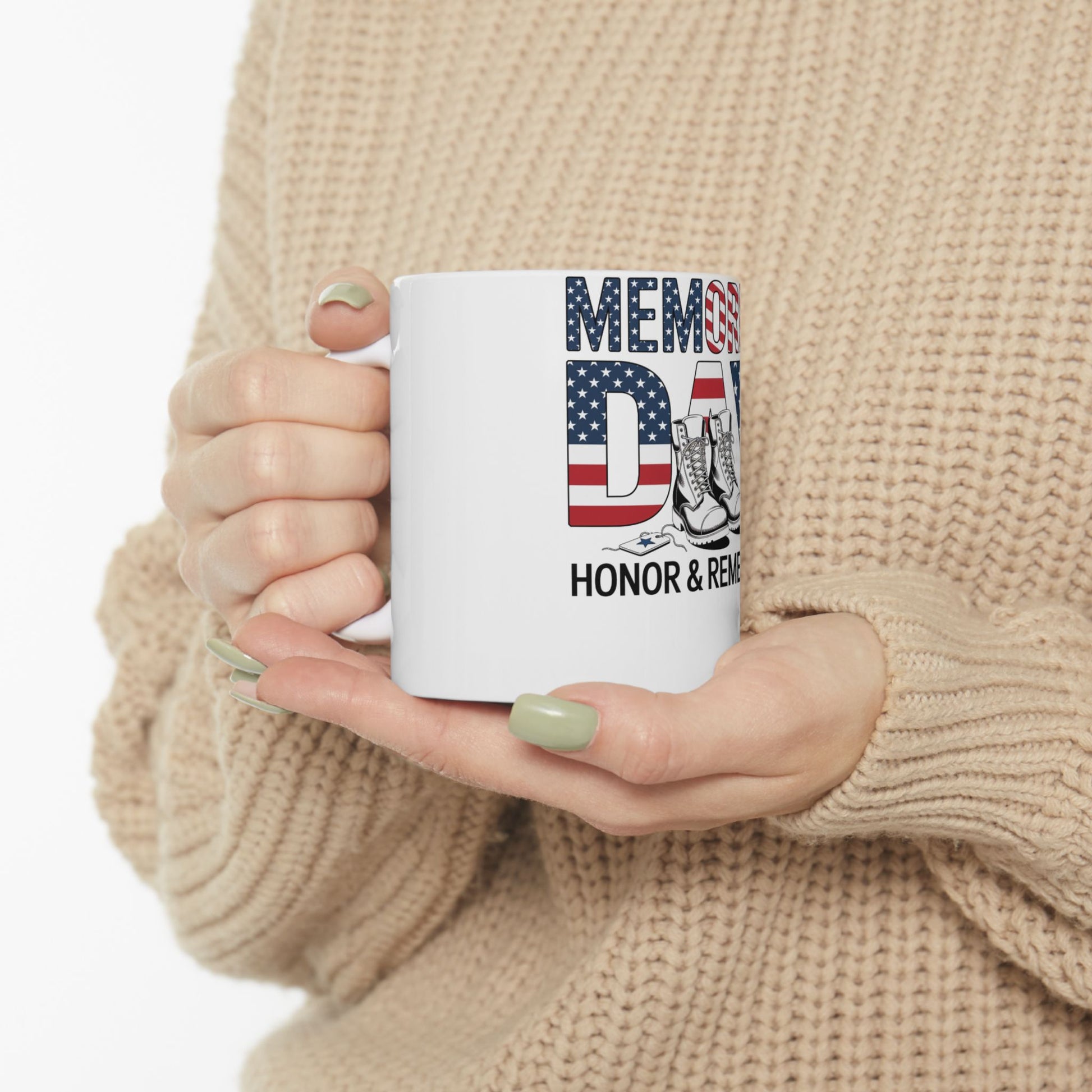 White mug with American flag, boots, and "Memorial Day Honor & Remember" text.