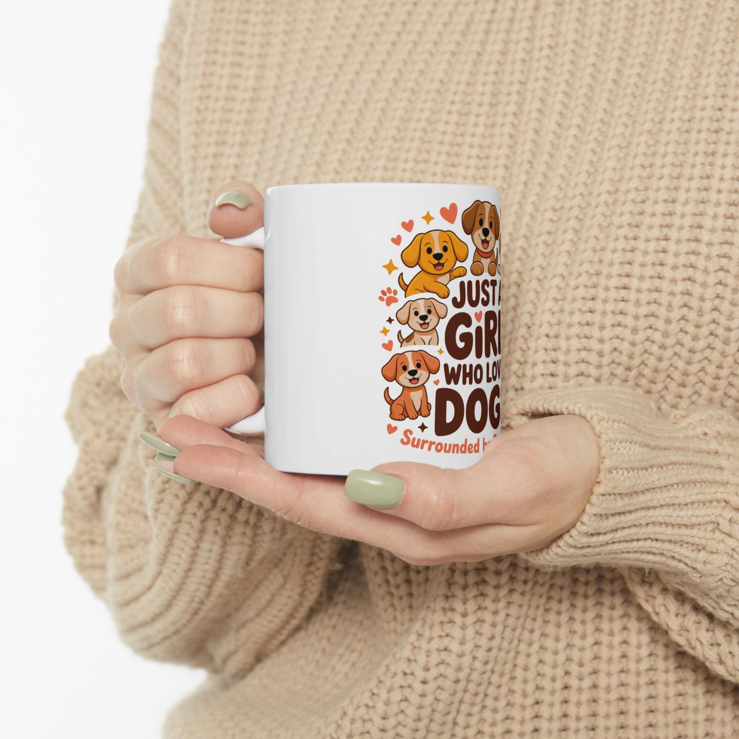 White mug with cartoon dogs and text "Just a girl who loves dogs".
