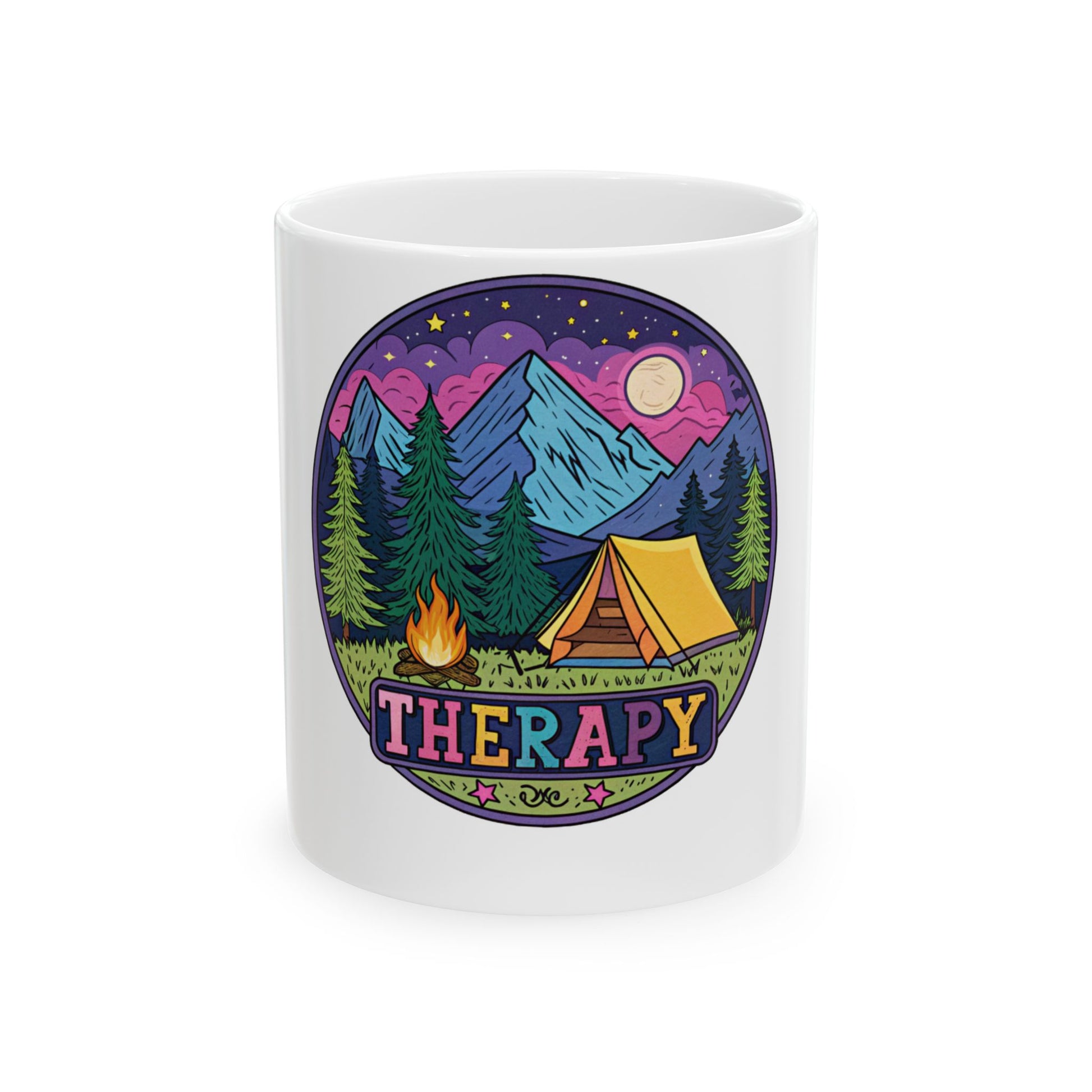 Mug featuring a camping scene with tent, campfire, and mountains under a starry sky.