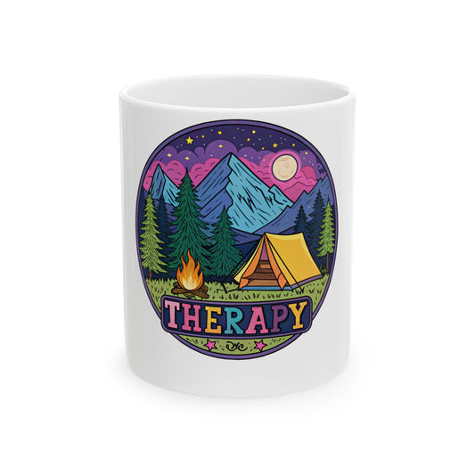Mug featuring a camping scene with tent, campfire, and mountains under a starry sky.