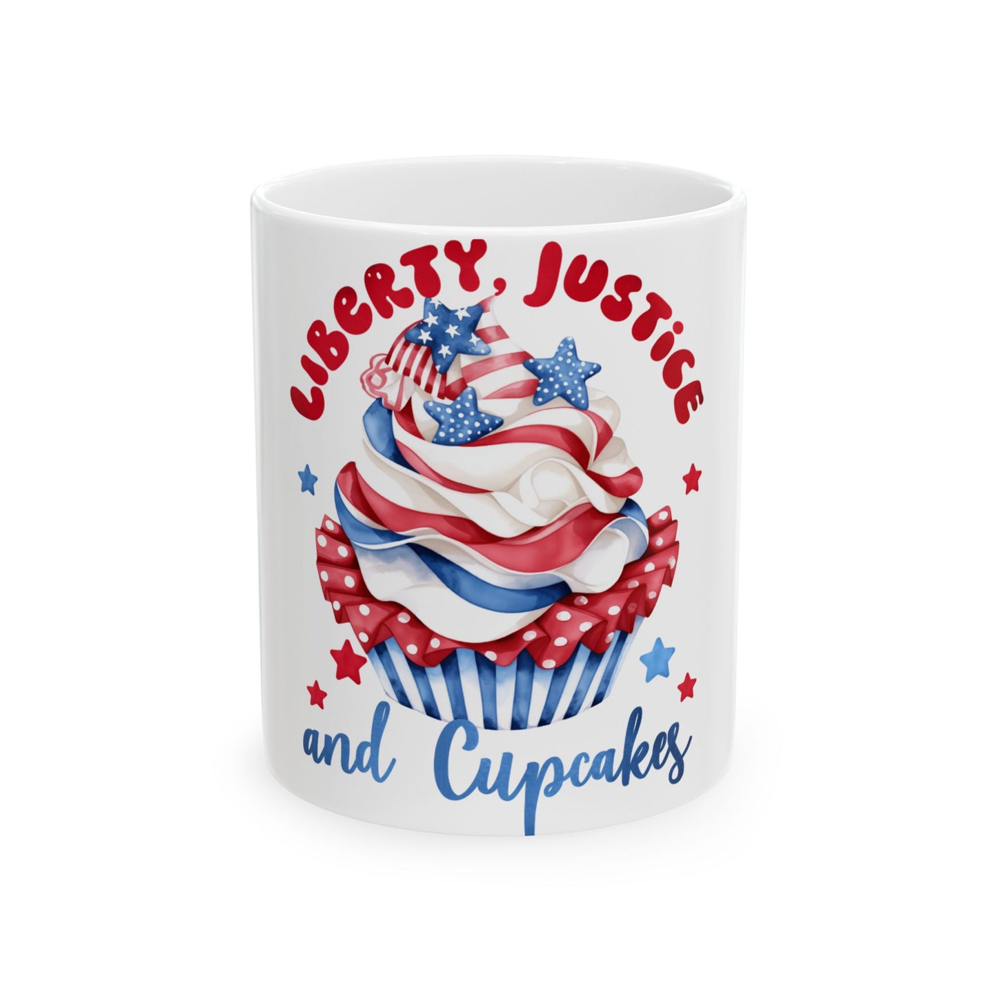 Cupcake with "Liberty, Justice and Cupcakes" text and patriotic red, white, and blue design.