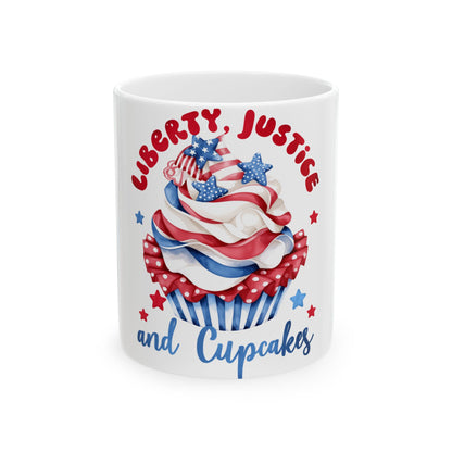 Cupcake with "Liberty, Justice and Cupcakes" text and patriotic red, white, and blue design.