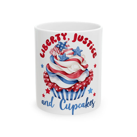 Cupcake with "Liberty, Justice and Cupcakes" text and patriotic red, white, and blue design.
