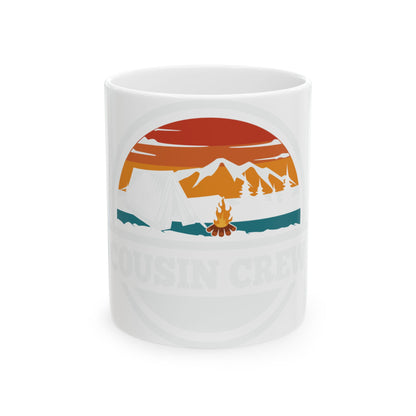 Mug with "Cousin Crew" text and camping scene graphic.
