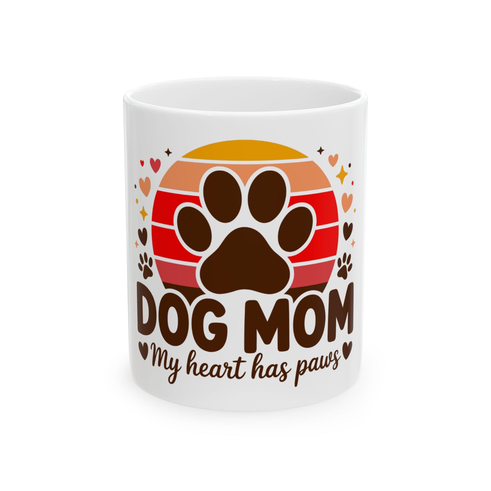 Mug with "DOG MOM My heart has paws" text and paw print.