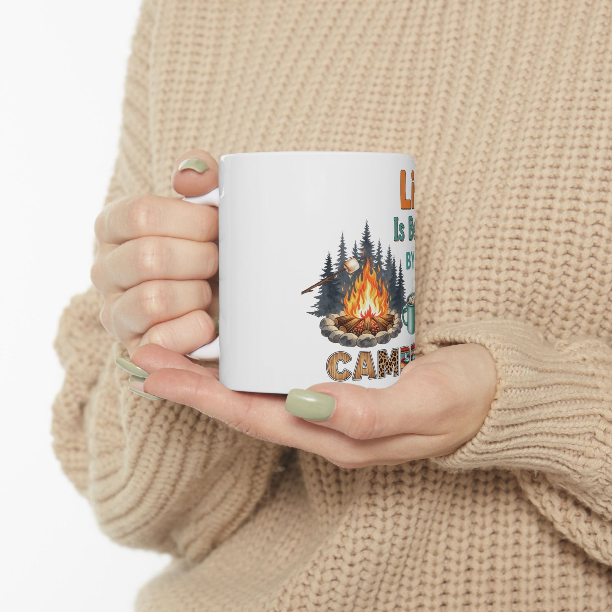 White mug with campfire, trees, and text "Life Is Better By The Campfire".