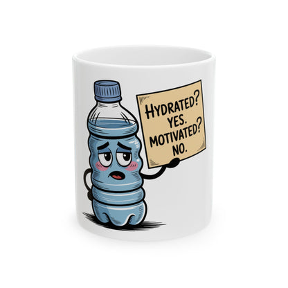 Cartoon water bottle with face holding sign: "HYDRATED? YES. MOTIVATED? NO."