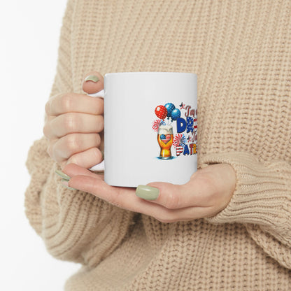 White mug with patriotic USA flag design and "I Love USA" text.