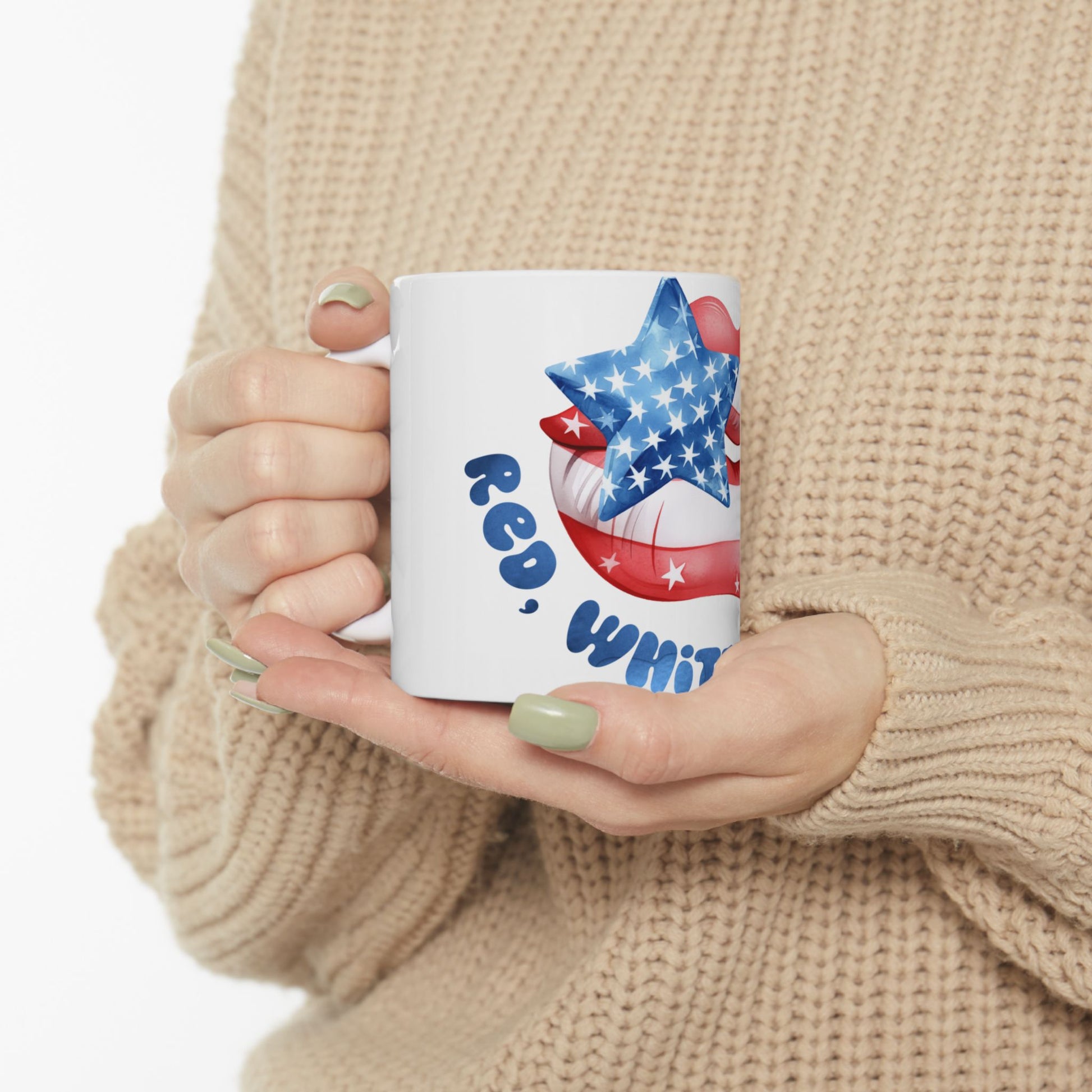 Mug with "Red, White, & Blue" text and star design.