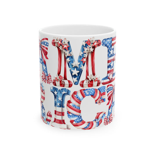 Mug with American flag-themed letters spelling "AMERICA".