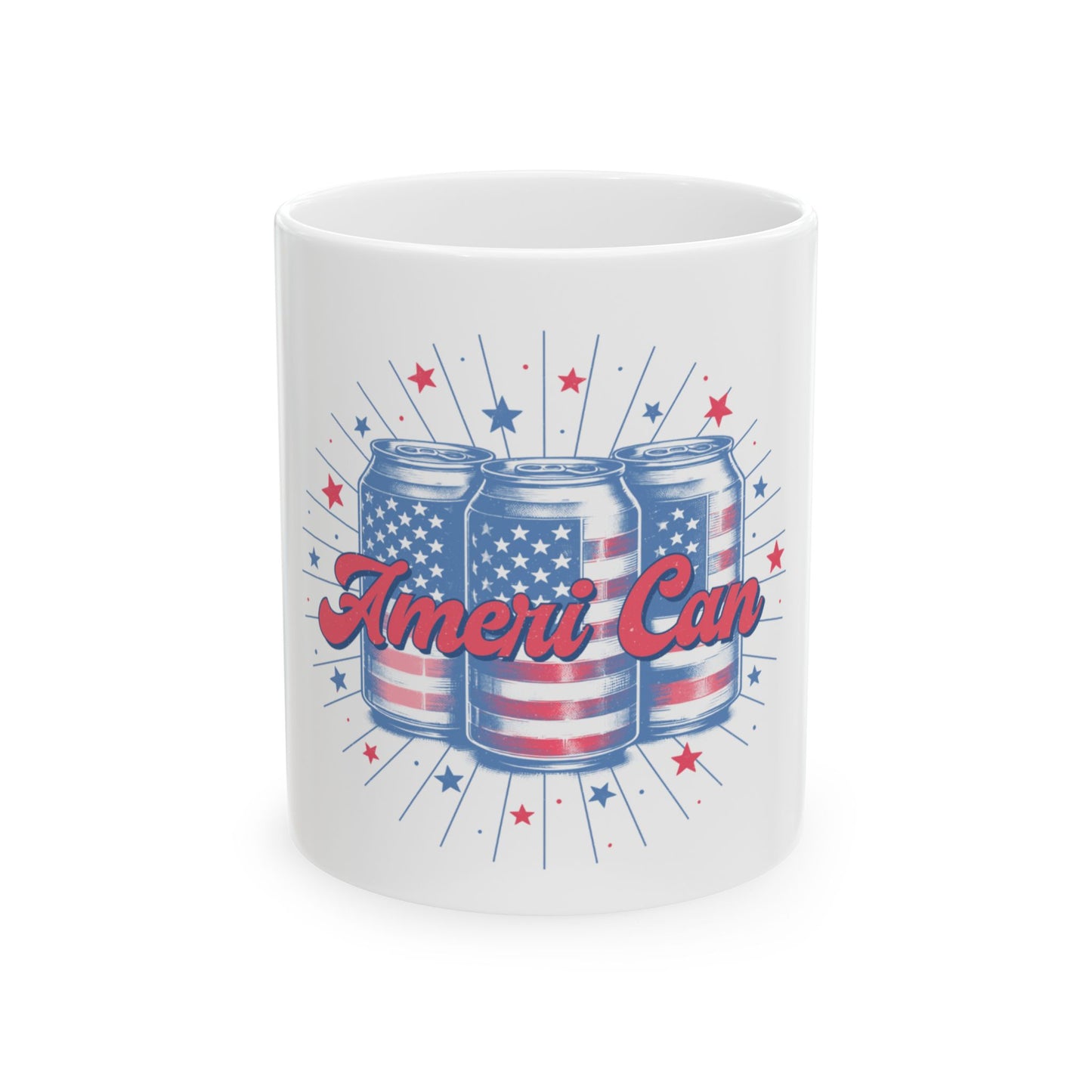 Three American flag-themed cans with "Ameri-Can" text and starbursts.