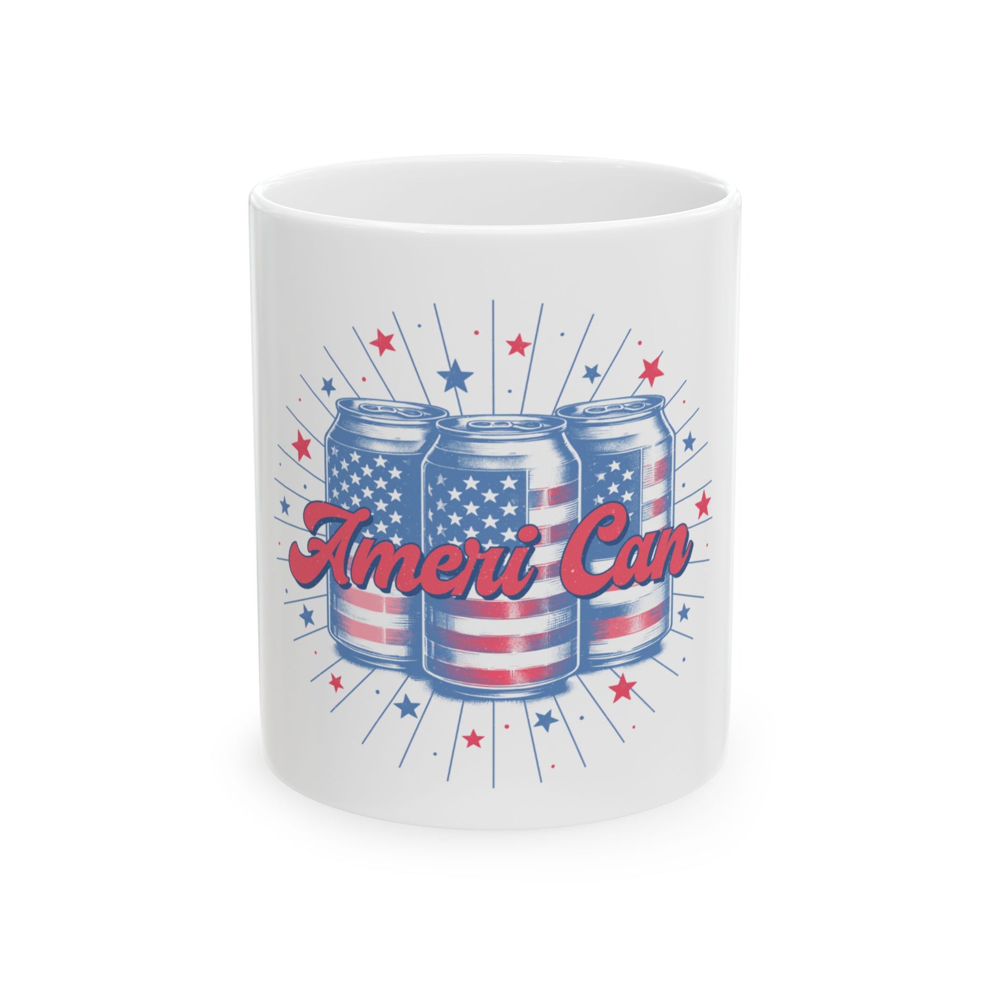 Three American flag-themed cans with "Ameri-Can" text and starbursts.