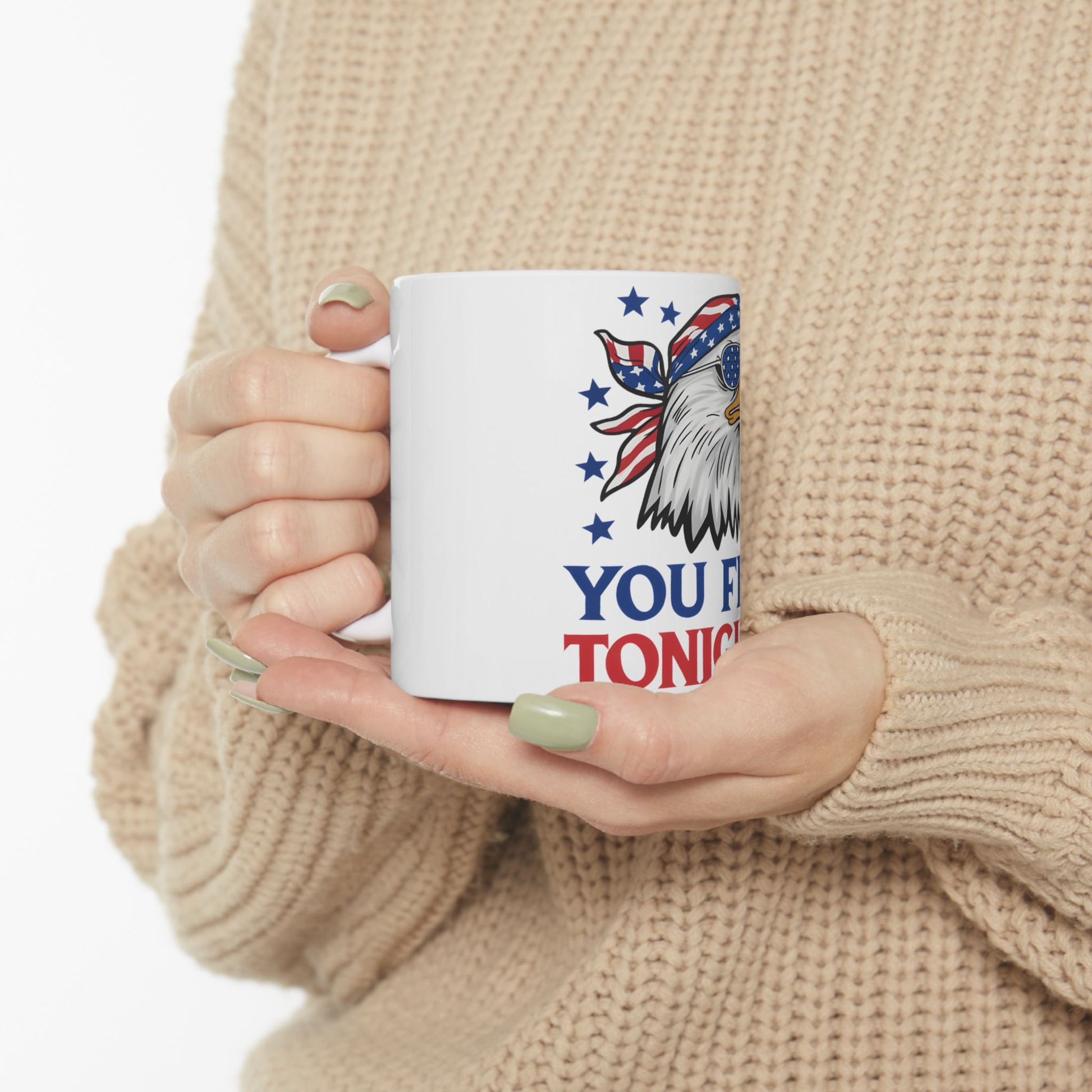 White mug with eagle wearing sunglasses, USA flag elements, and text "YOU F TONI".