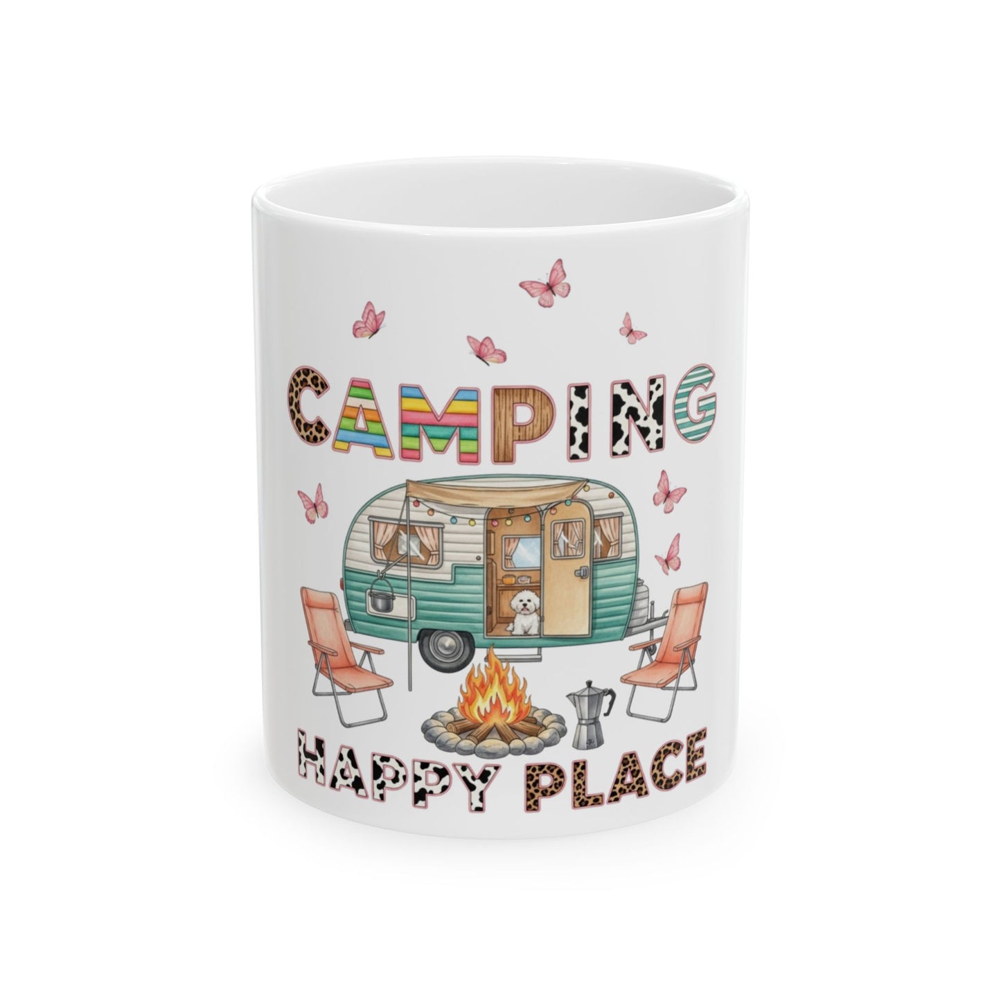 Camper trailer, campfire, chairs, and "CAMPING HAPPY PLACE" text with butterflies.
