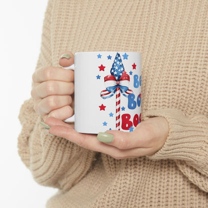 Mug with red, white, and blue firework design and text "Boo".