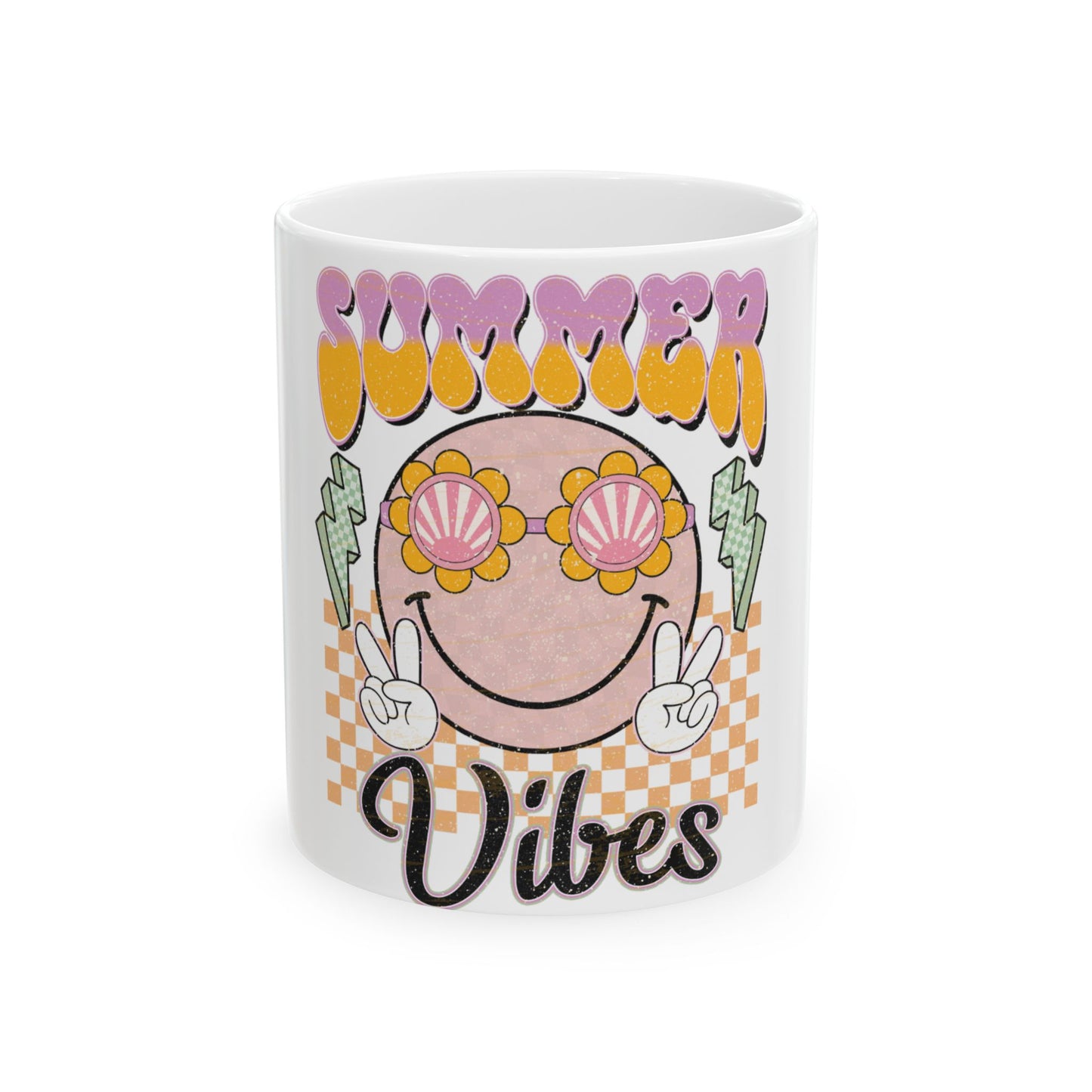 Mug with "Summer Vibes" text, smiley face, flowers, peace signs, and lightning bolts.
