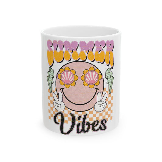 Mug with "Summer Vibes" text, smiley face, flowers, peace signs, and lightning bolts.