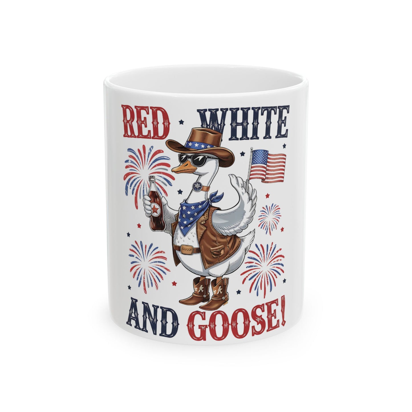 Goose in cowboy hat, sunglasses, and boots with fireworks and "Red White and Goose" text.
