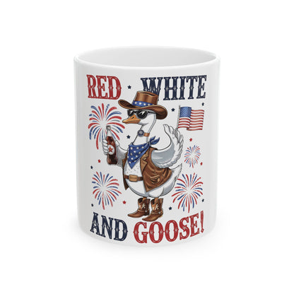 Goose in cowboy hat, sunglasses, and boots with fireworks and "Red White and Goose" text.