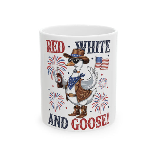Goose in cowboy hat, sunglasses, and boots with fireworks and "Red White and Goose" text.