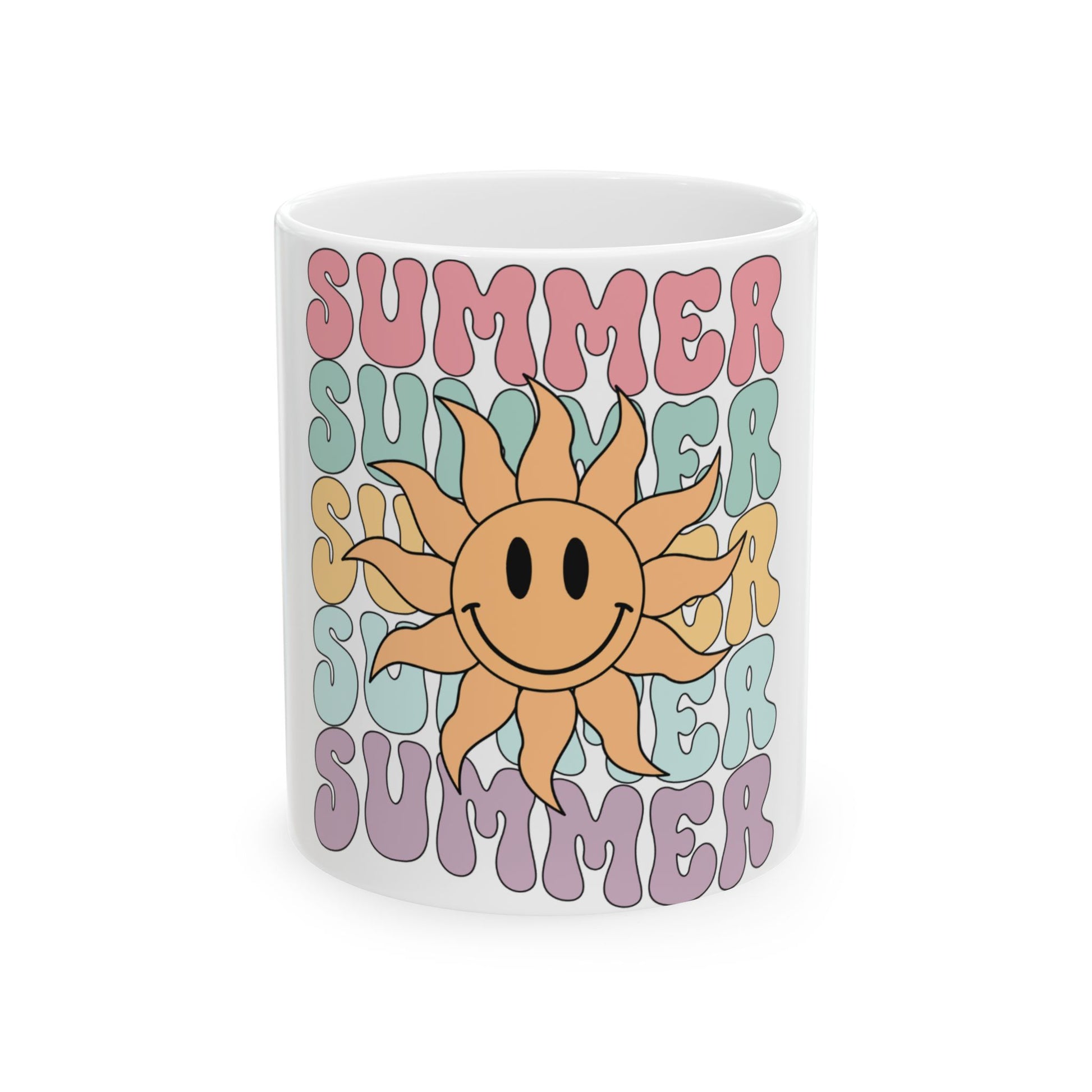 White mug with a smiling sun graphic and "SUMMER" text in pastel colors.