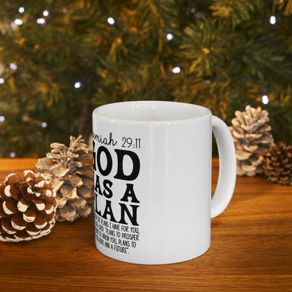 White mug with Jeremiah 29:11 Bible verse, "God Has A Plan."