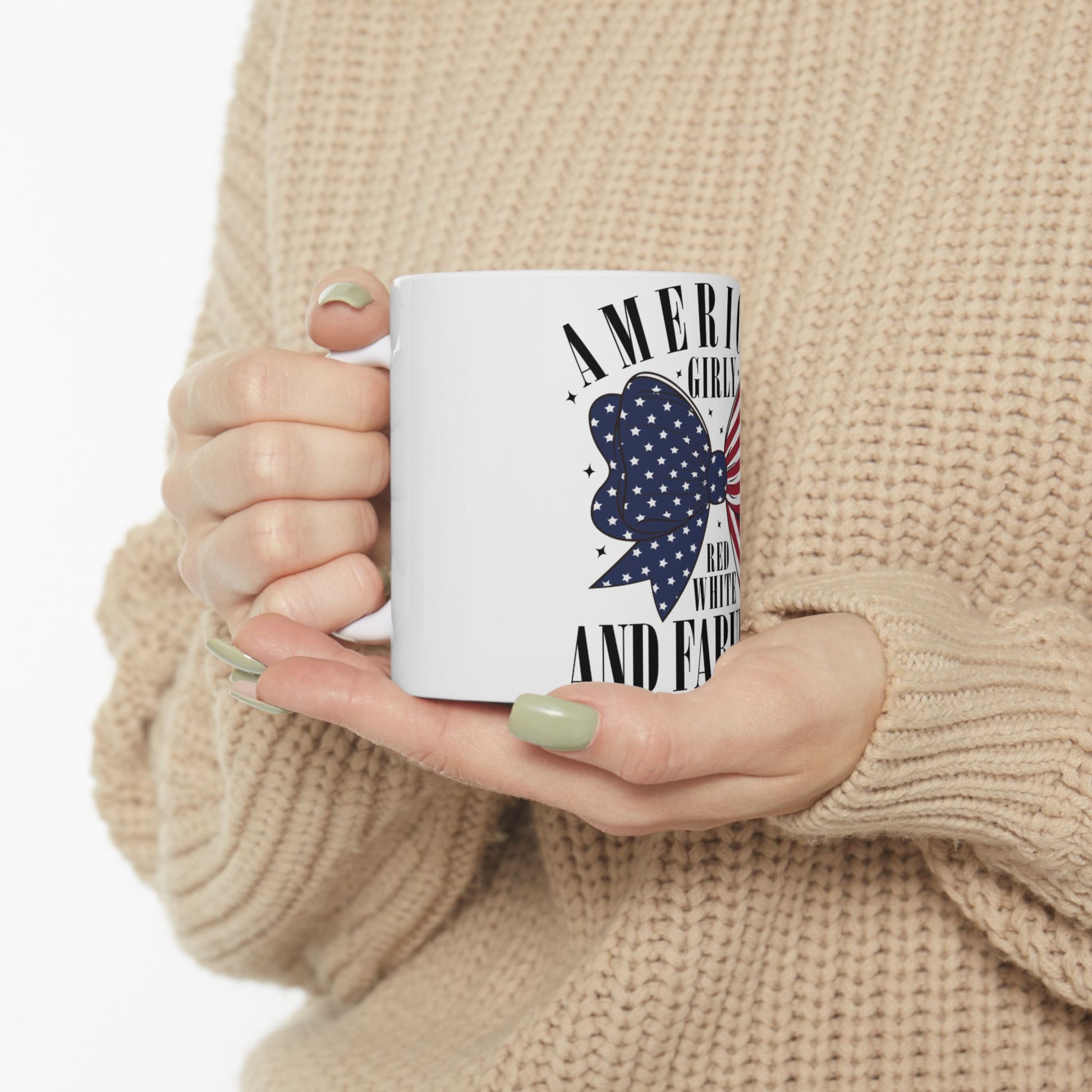 White mug with American flag design and text "America Girl".