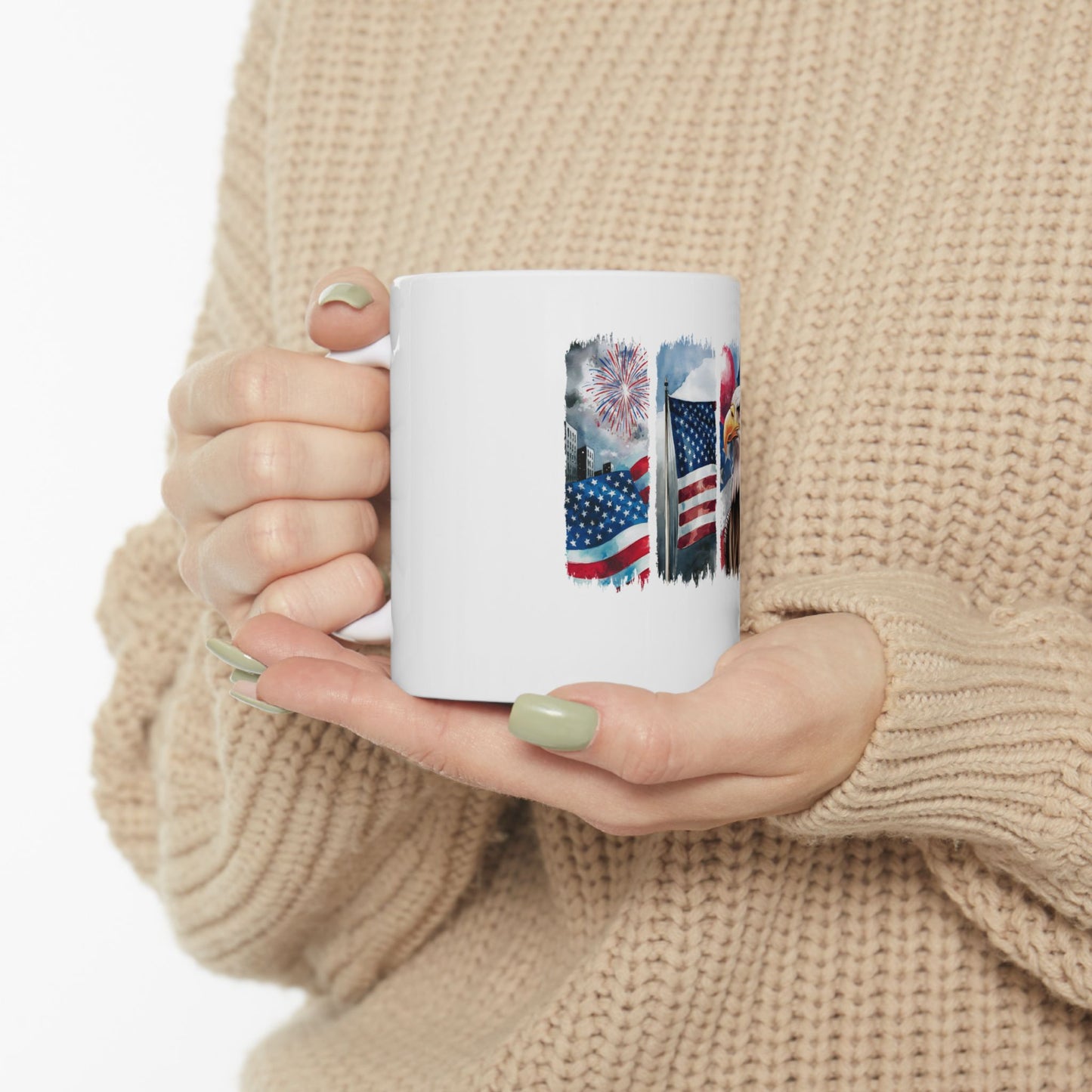 White mug with American flag and patriotic montage designs.