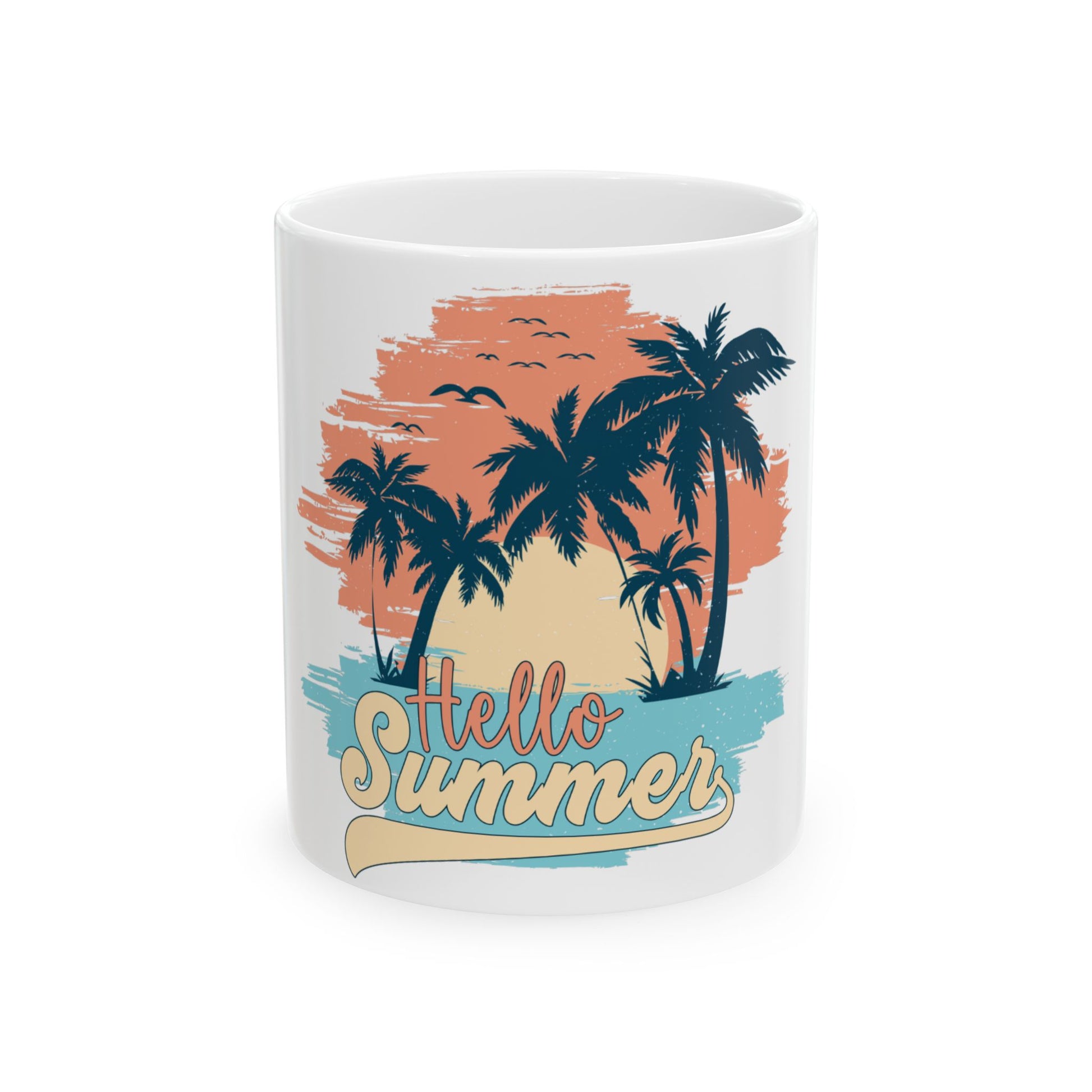 Mug with a "Hello Summer" graphic of palm trees and a sunset.
