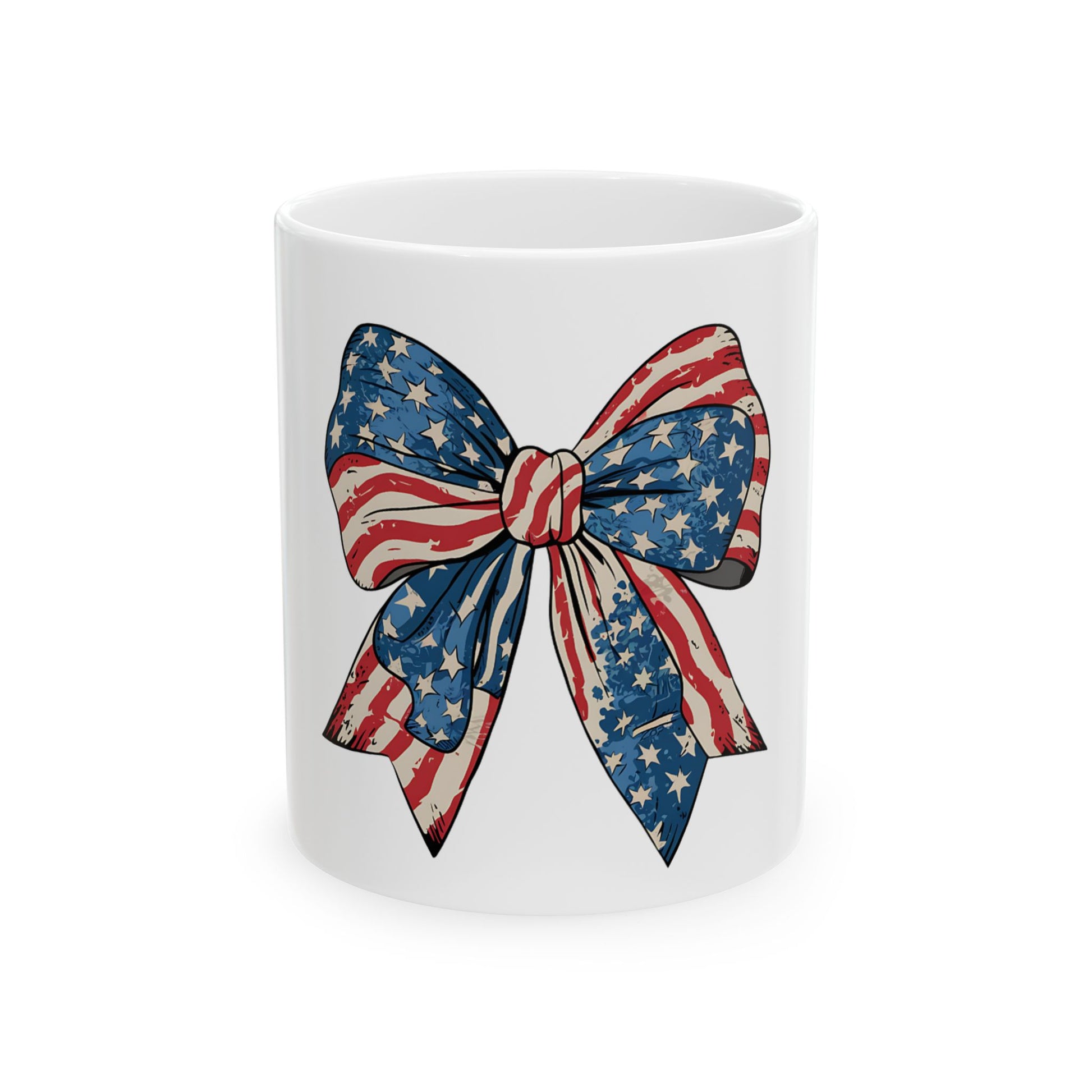 White mug featuring a red, white, and blue American flag bow design.