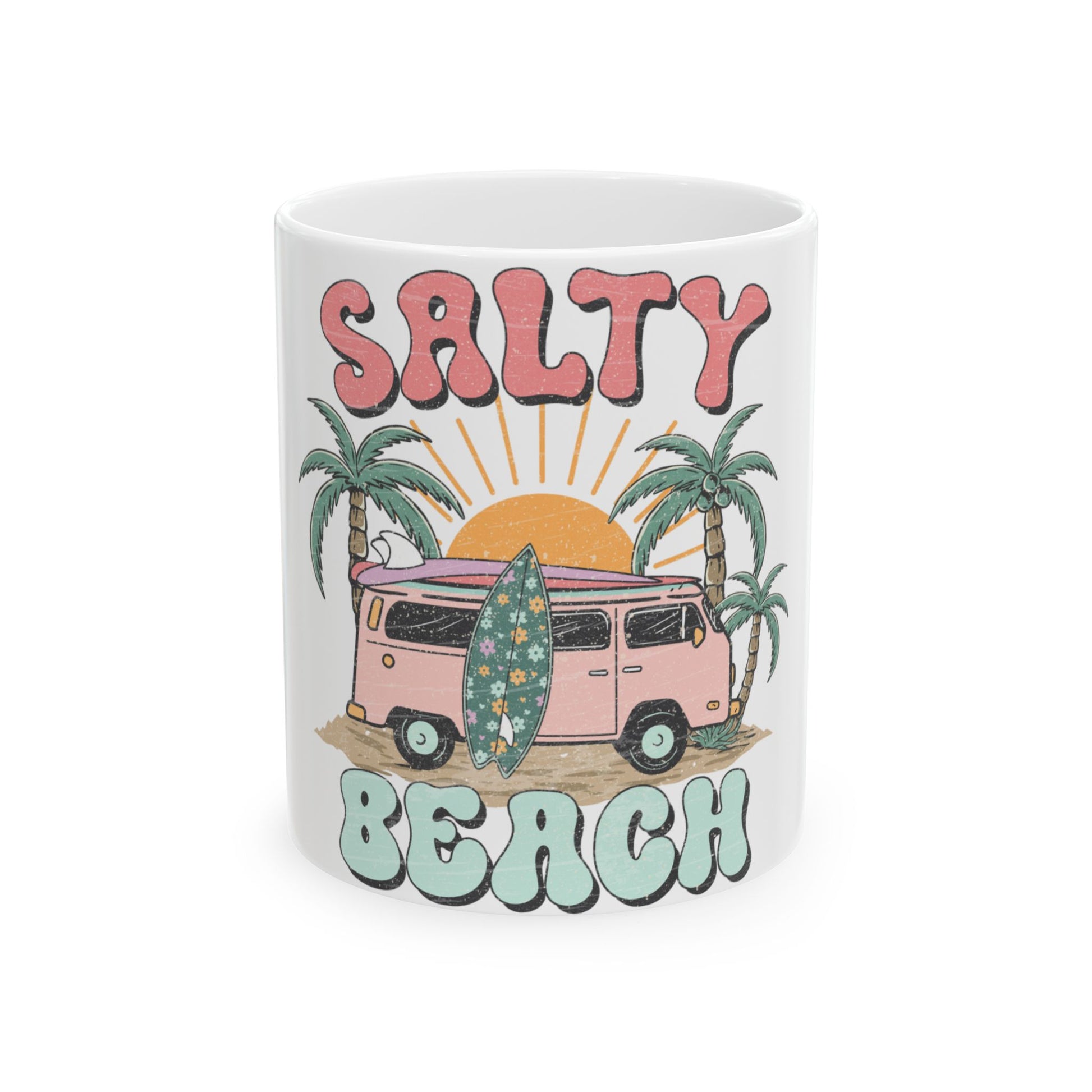 Retro van with surfboard, palm trees, and "Salty Beach" text on a mug.