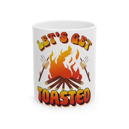 White mug with "Let's Get Toasted" text and campfire illustration.