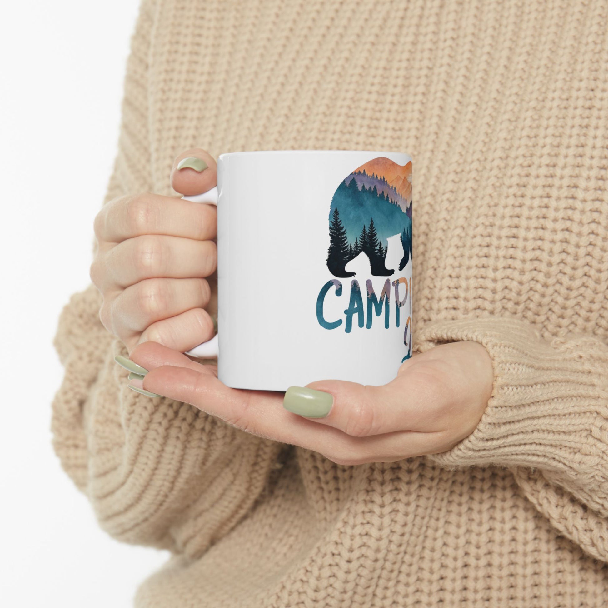 White mug with bear and mountain silhouette, "CAMPING" text.