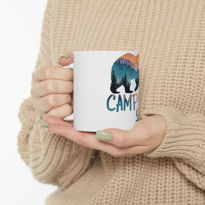 White mug with bear and mountain silhouette, "CAMPING" text.
