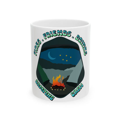 Camping mug with text "Fires. Friends. Drinks. Camping Crew." around a campfire scene.