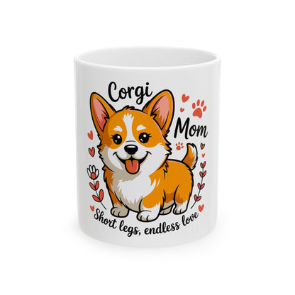 Corgi Mom mug with playful Corgi illustration and paw prints.