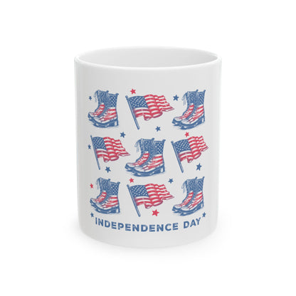 White mug with repeated pattern of patriotic boots and American flags.