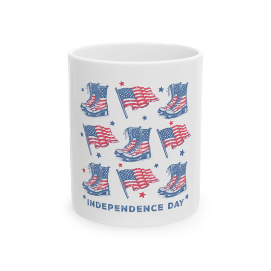 White mug with repeated pattern of patriotic boots and American flags.