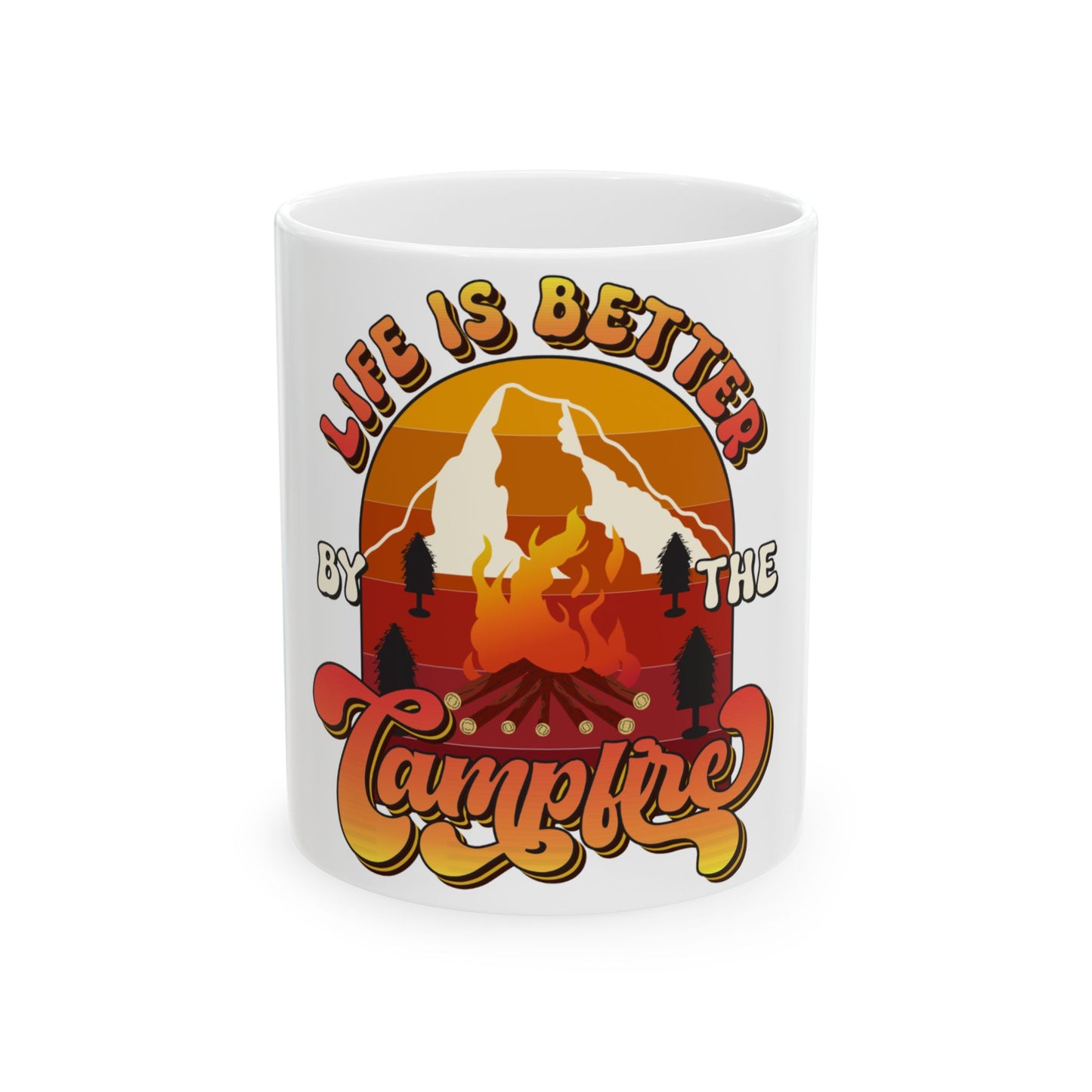 "Life is Better by the Campfire" text on a mug with mountains and campfire graphic.