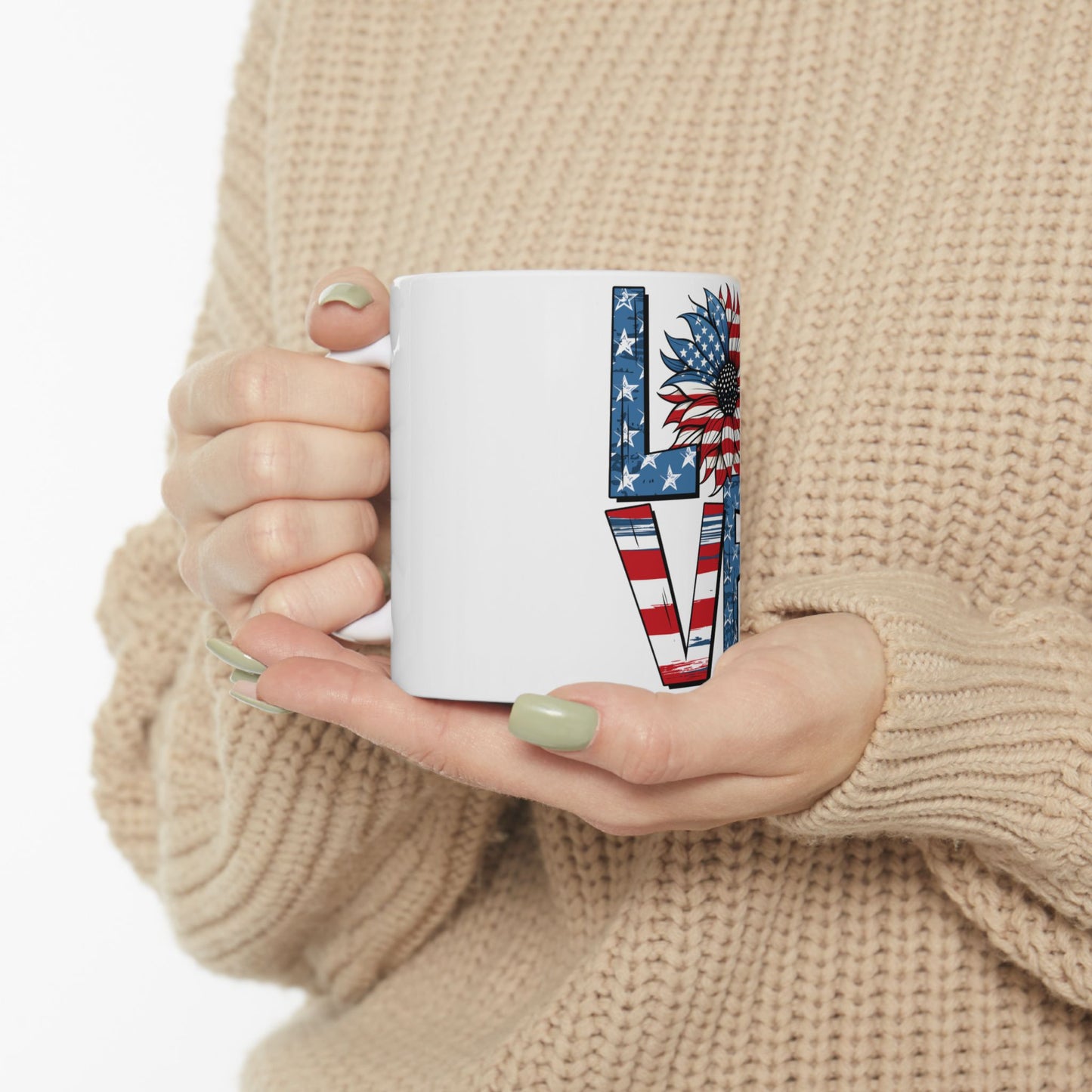 White mug with "LOVE" design featuring a sunflower and American flag.