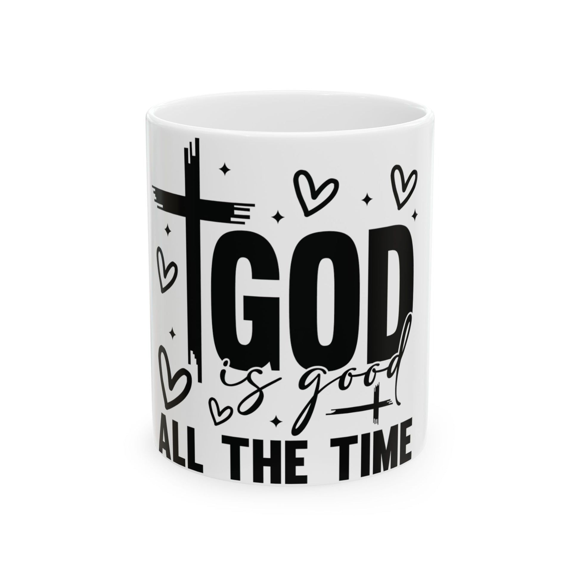 Mug with "GOD is good ALL THE TIME" text, cross, and hearts.