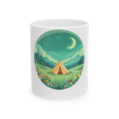 Mug with a celestial landscape featuring a tent, moon, and wildflowers.