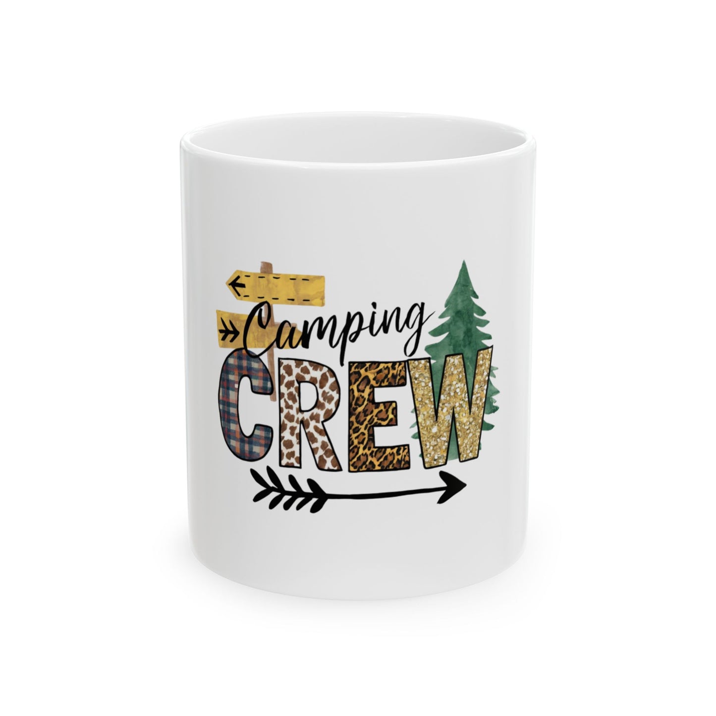 White mug with "Camping Crew" text in various fonts and patterns.