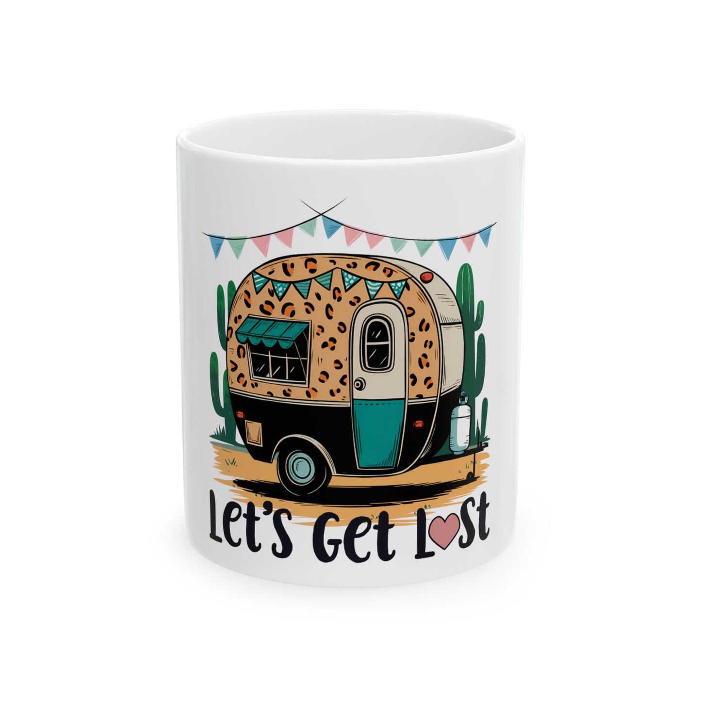 Camper with cactus and "Let's Get Lost" text on a white mug.